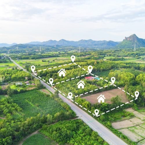 Land plot for building house aerial view, land field with pins, pin location for housing subdivision residential development owned sale rent buy or investment home or house expand the city suburb